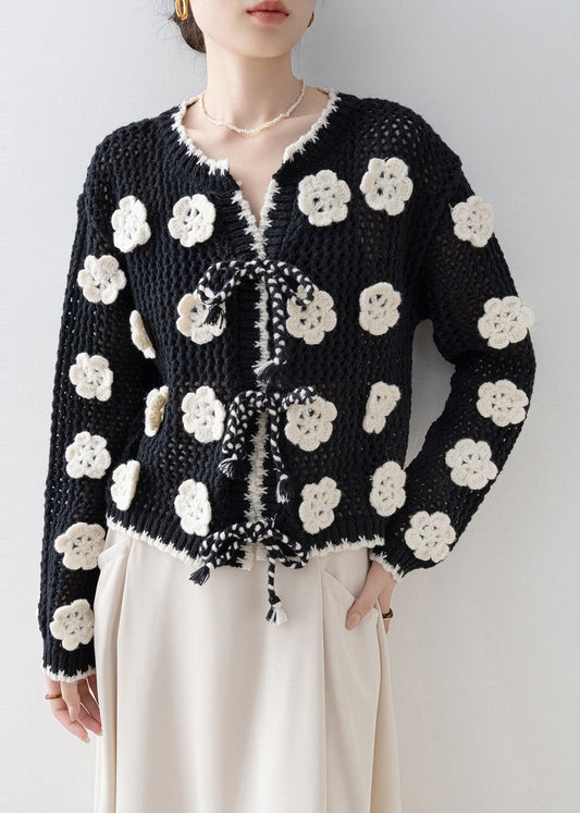 Diy Black Decorated Hollow Out Knit Cardigan Spring