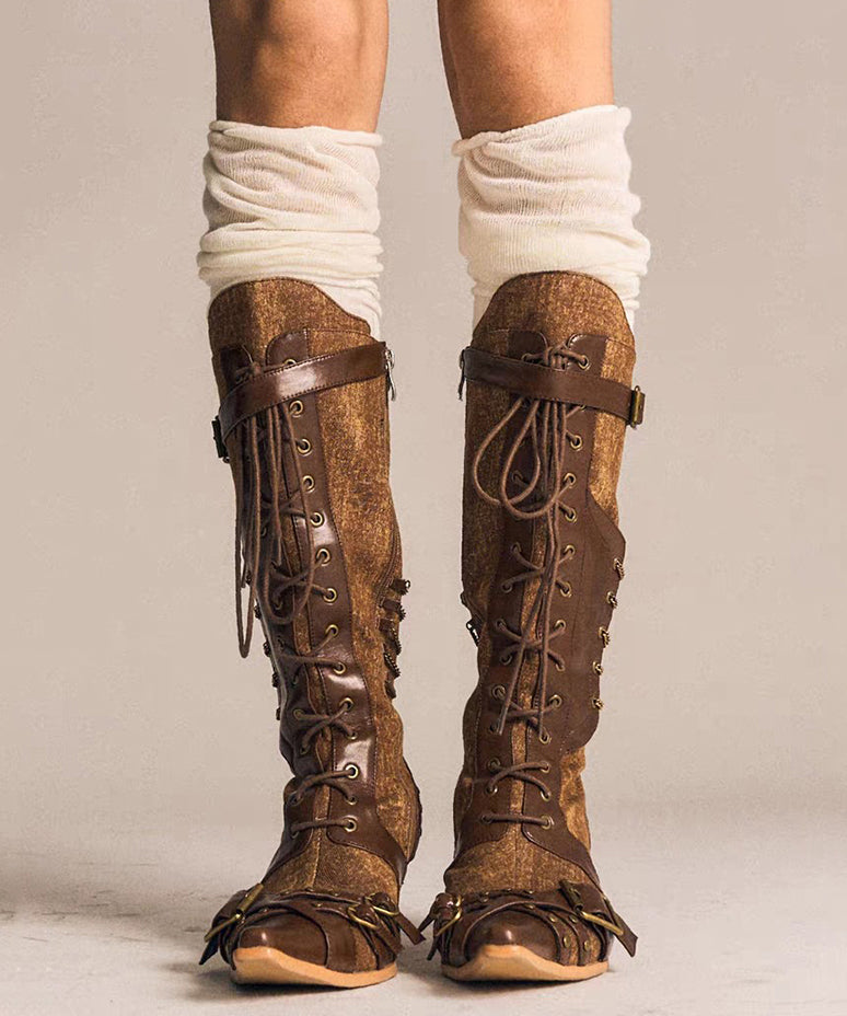 Denim Splicing Lace Up Wedge Boots Brown Cowhide Leather