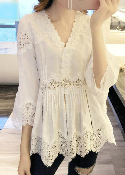 White V-neck Ruffles Hollow Out Shirts Spring