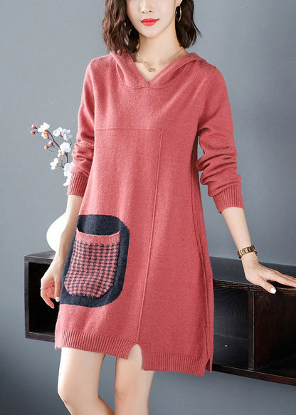Red Patchwork Knitted Cotton Thread Hooded Sweater Dress Fall