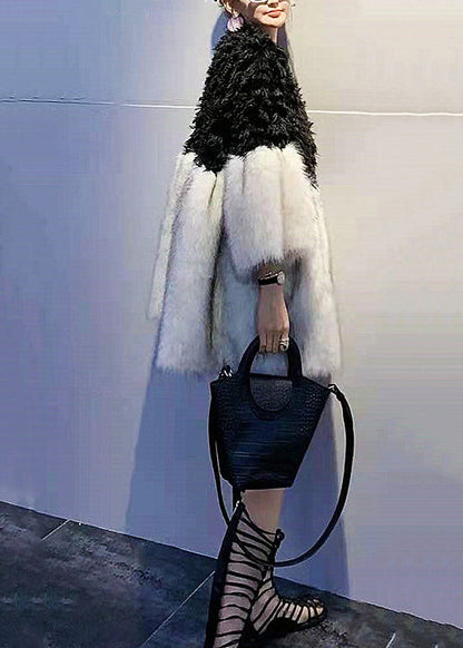 Black V Neck Teddy Faux Fur Patchwork Wool Coats Spring