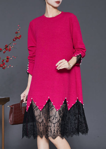 Rose Lace Patchwork Nail Bead Knit Dresses Spring