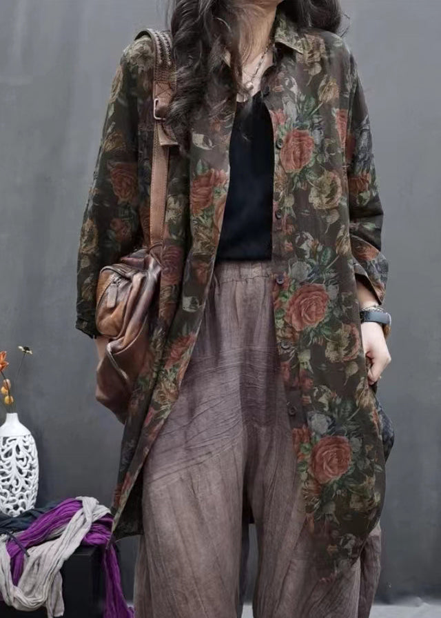 Coffee Peter Pan Collar Print Long Linen Shirts Long Sleeve