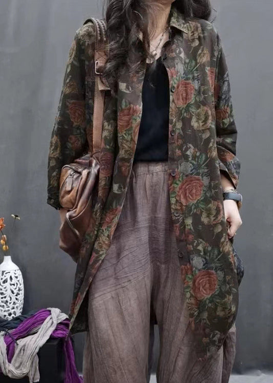 Coffee Peter Pan Collar Print Long Linen Shirts Long Sleeve