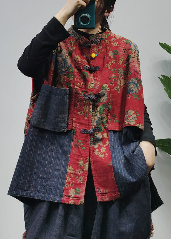 Red Stand Collar Chinese Button Patchwork Print Cotton Vest Sleeveless