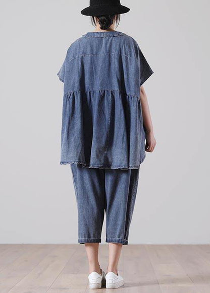 French Blue Half Sleeve Cotton Loose Summer Two Pieces Set