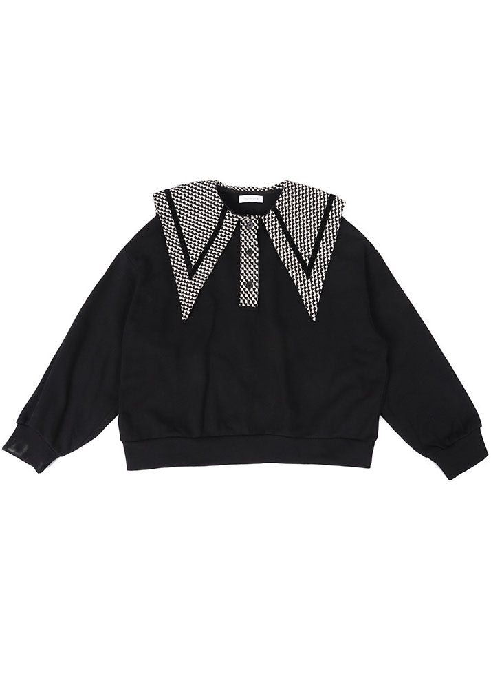 Black Peterpan Collar Button Print Fall Loose Sweatshirts Top