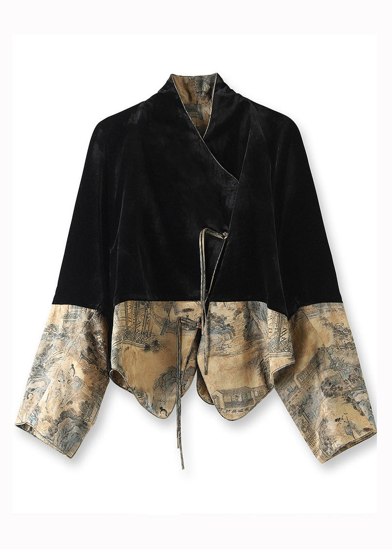 Black Tasseled Print Patchwork Silk Velour Coats Fall