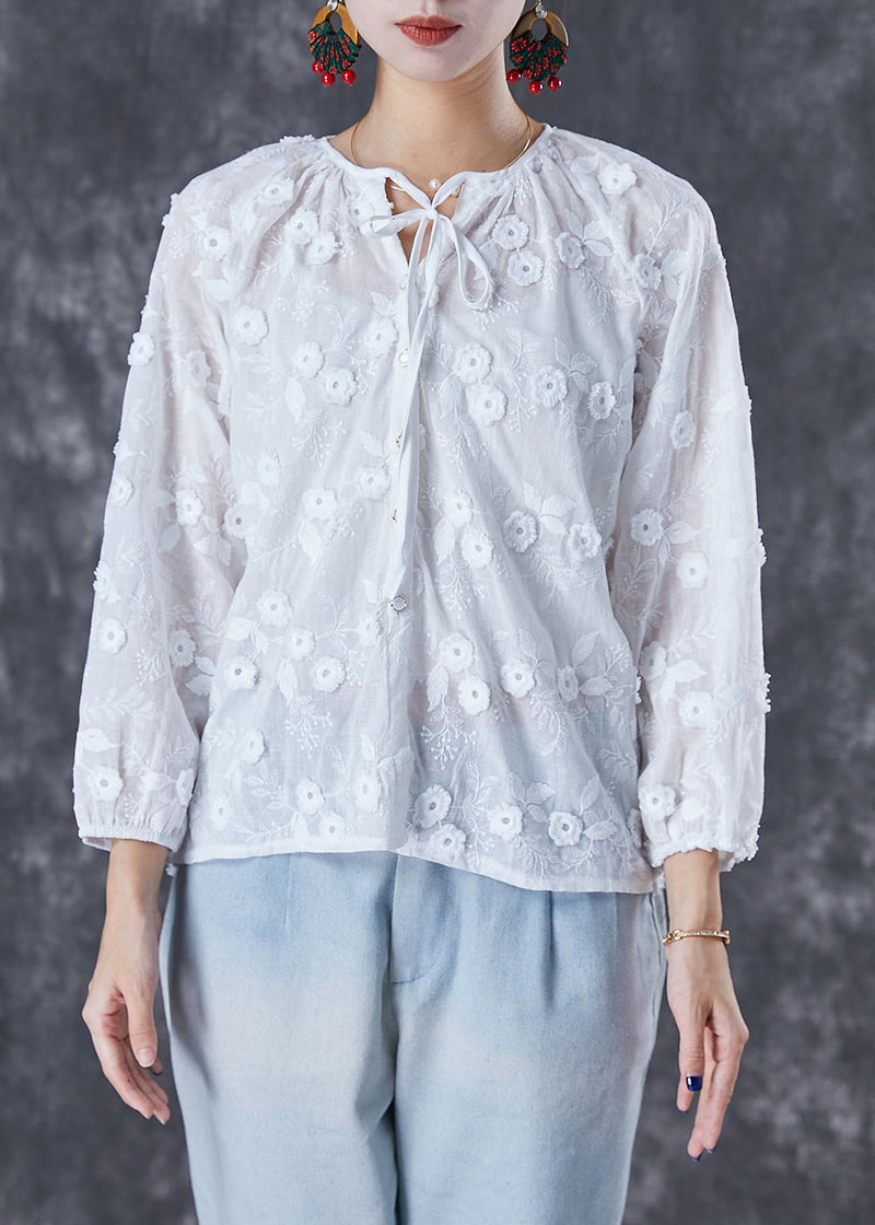White Embroideried Lace Up Cotton Tops Fall
