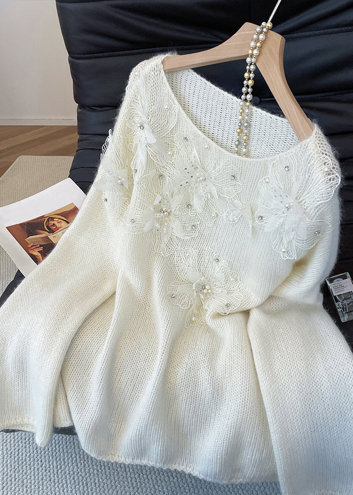Loose White Nail Bead Knit Sweaters Fall