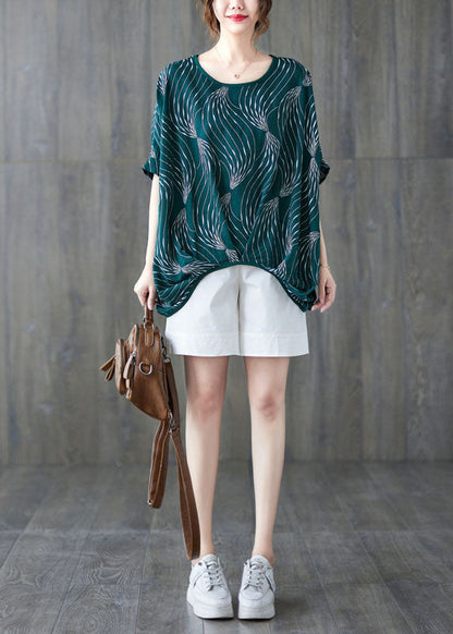 Green O-neck Print Cotton Pullover Tops Short Sleeve