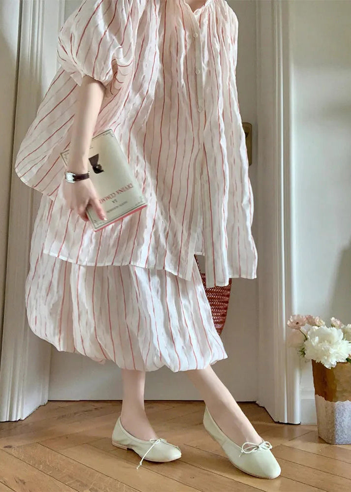 Puff Sleeve Striped Cotton Two Pieces Set