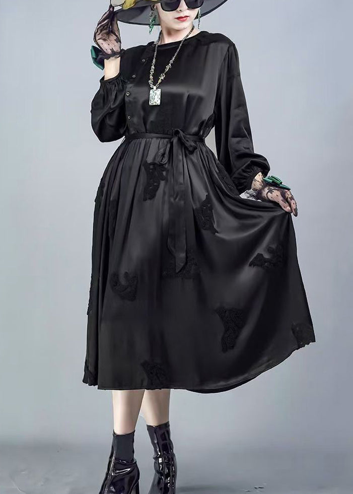 Red O-neck Tie Waist Silk Dresses Spring