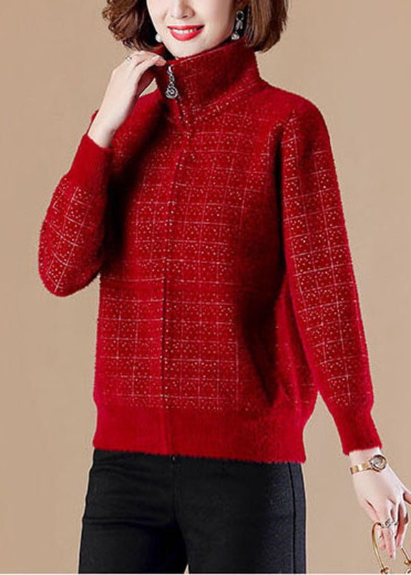 Mulberry Zip Up Pockets Mink Hair Knitted Coats Long Sleeve