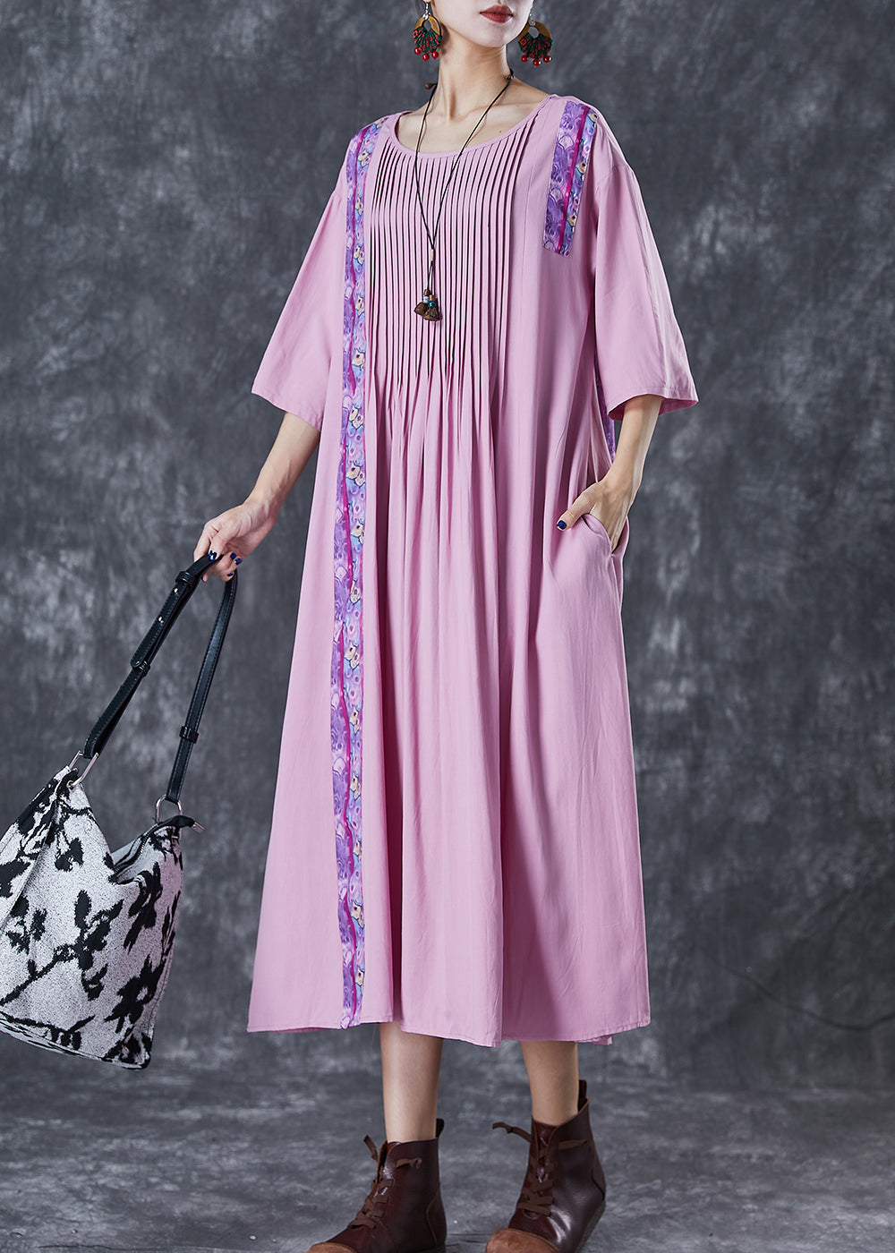 Light Purple Oversized Patchwork Wrinkled Linen Dress Half Sleeve