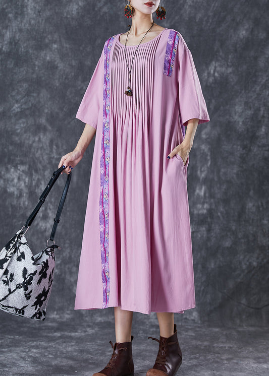 Light Purple Oversized Patchwork Wrinkled Linen Dress Half Sleeve