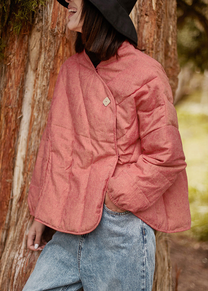 Pink Pockets Cotton Filled Coats V Neck Spring