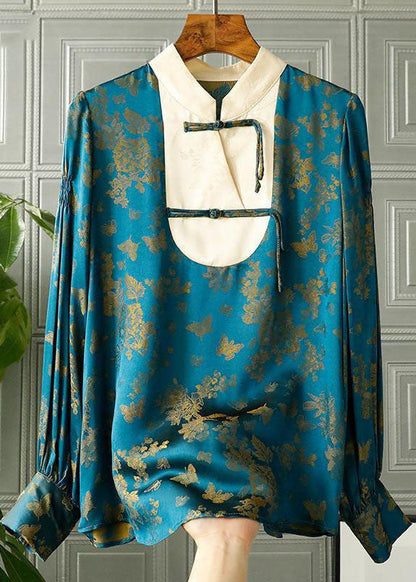 Blue Stand Collar Patchwork Jacquard Silk Shirt Top Fall