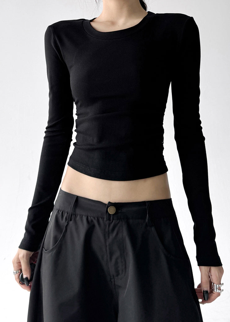 Black O Neck Lace Patchwork Cotton T Shirts Fall