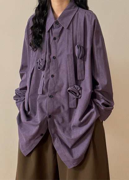 Purple Peter Pan Collar Button Cotton Blouses Spring