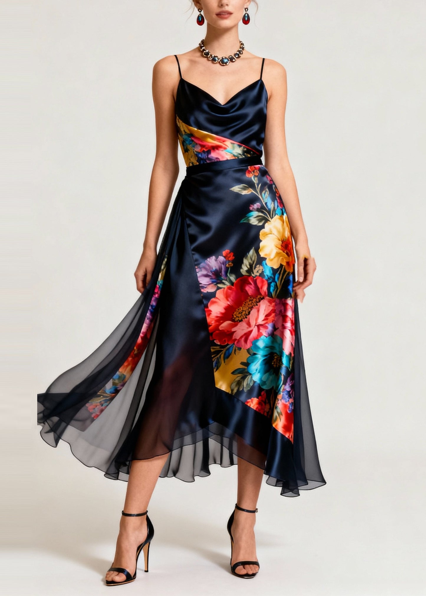 French Navy Asymmetrical Patchwork Print Silk Cami Dresses Summer
