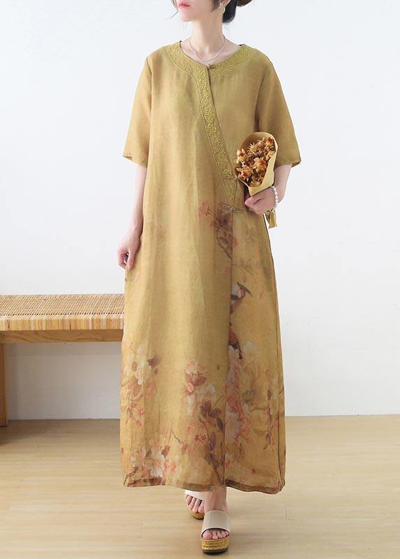 Yellow Print Oriental Party Dress Summer Linen Dress