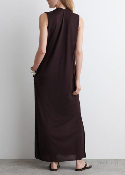 Chocolate V Neck Cotton Straight Dress Sleeveless