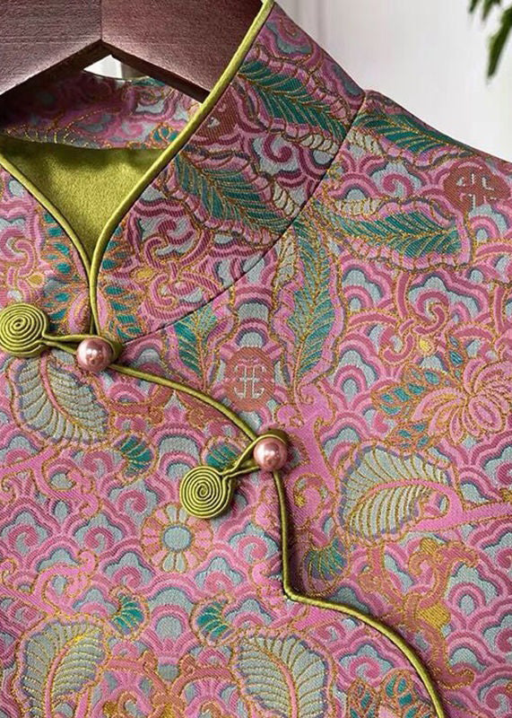 Pink Asymmetrical Button Print Cotton Waistcoat Sleeveless