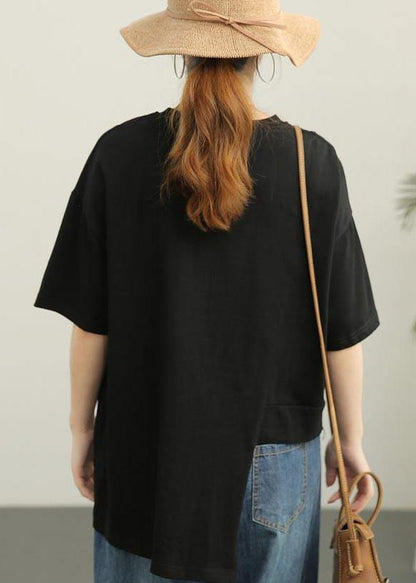 Black Asymmetrical Design Cotton Tee Summer
