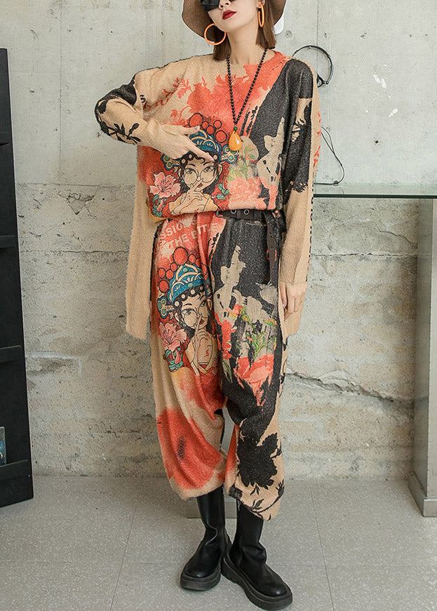 Khaki Asymmetrical Character Print Knit Two Piece Outfit Long Sleeve