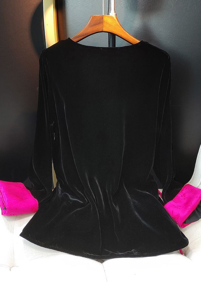 Black O-neck Patchwork Side Open Silk Velour Shirts Long Sleeve