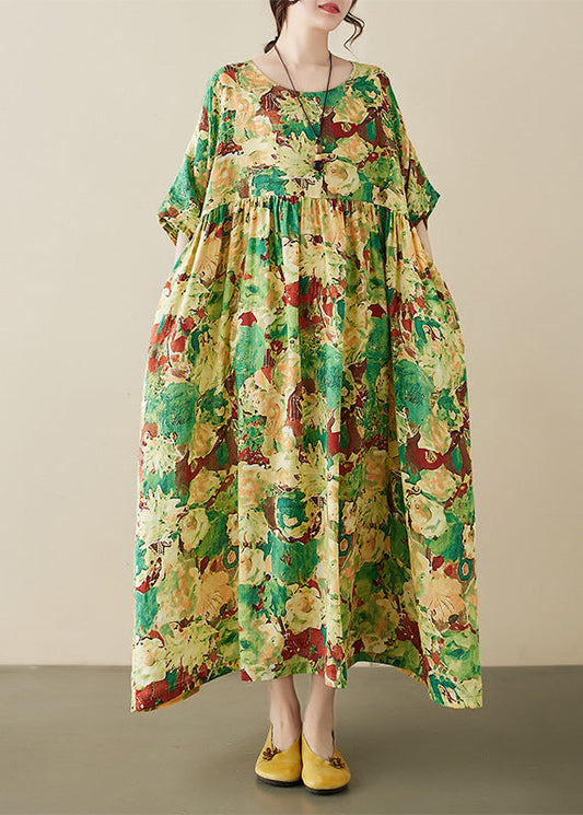 Green Print Wrinkled Maxi Dresses Short Sleeve