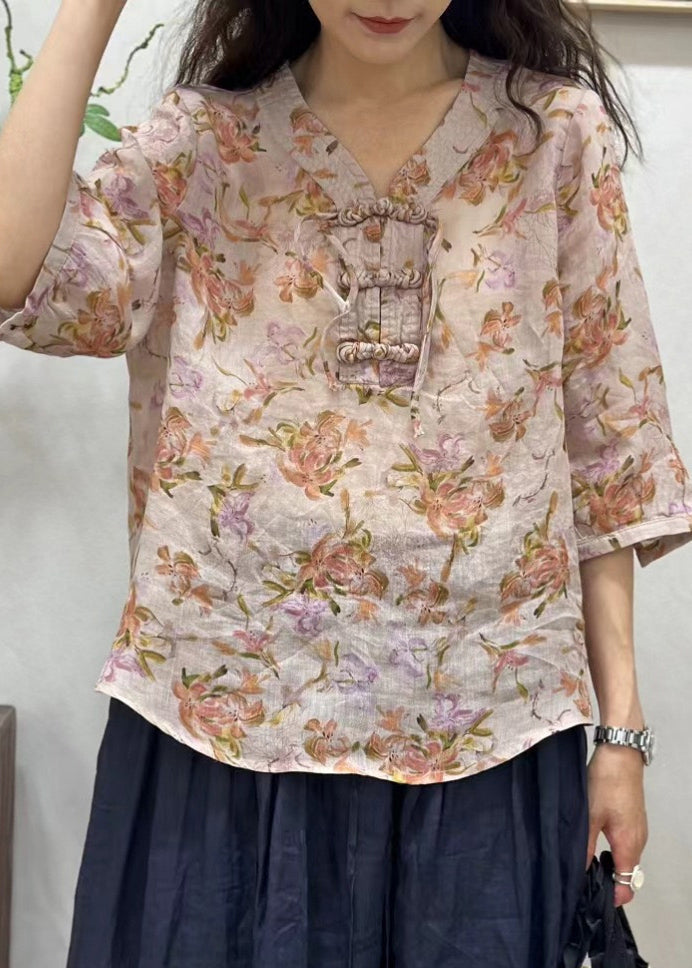 Pink Chinese Button Print Linen Shirt Half Sleeve
