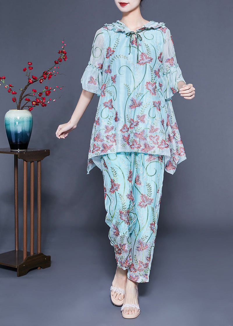 Light Blue Hooded Ruffled Print Silk Two Pieces Set Flare Sleeve