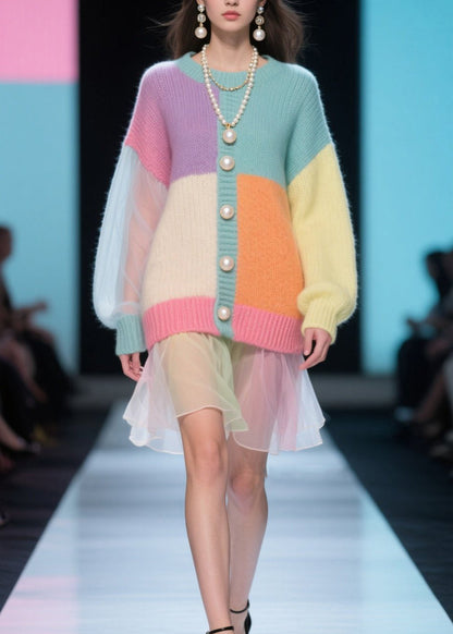 Colorblock O Neck Tulle Patchwork Knit Dress Fall