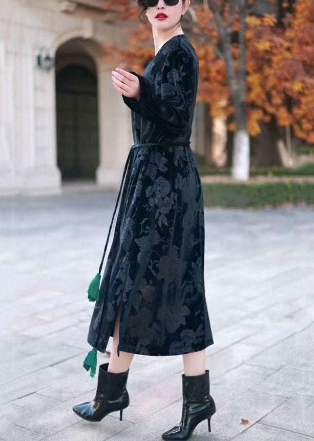 Black Side Open Silk Velour Long Dress V Neck Winter