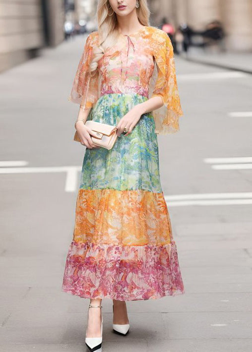 Colorblock Lace Up Print Chiffon Long Dresses Half Sleeve