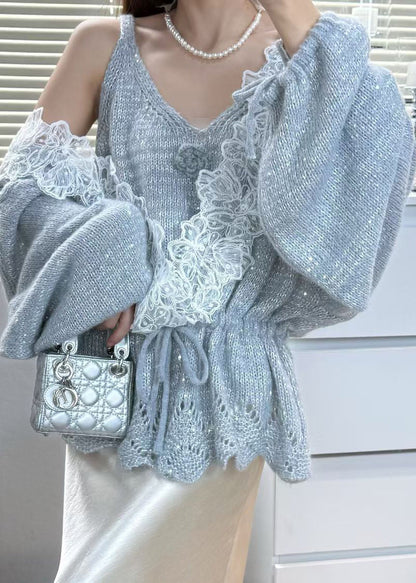 Italian Grey Cinched Patchwork Knit Sets 2 Pieces Fall