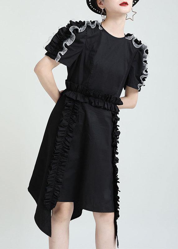 Black O-neck Asymmetrical Design Patchwork Summer Cotton Sundress