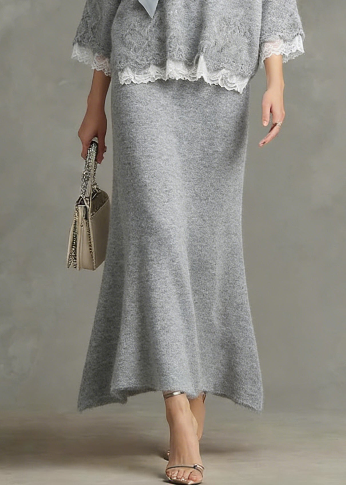 Loose Light Grey Nail Bead Lace Patchwork Knit Two Piece Set Spring