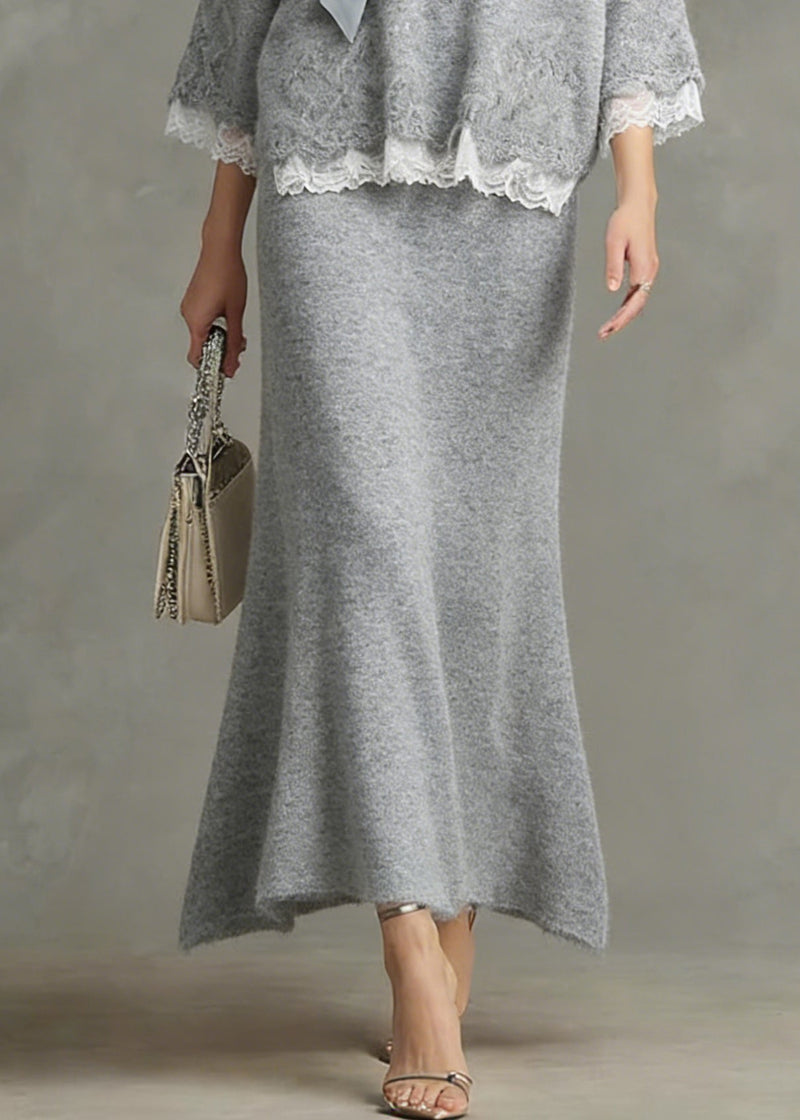 Loose Light Grey Nail Bead Lace Patchwork Knit Two Piece Set Spring