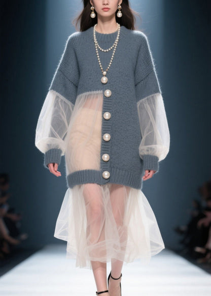 Art Grey O Neck Tulle Patchwork Knit Sweater Dress Fall