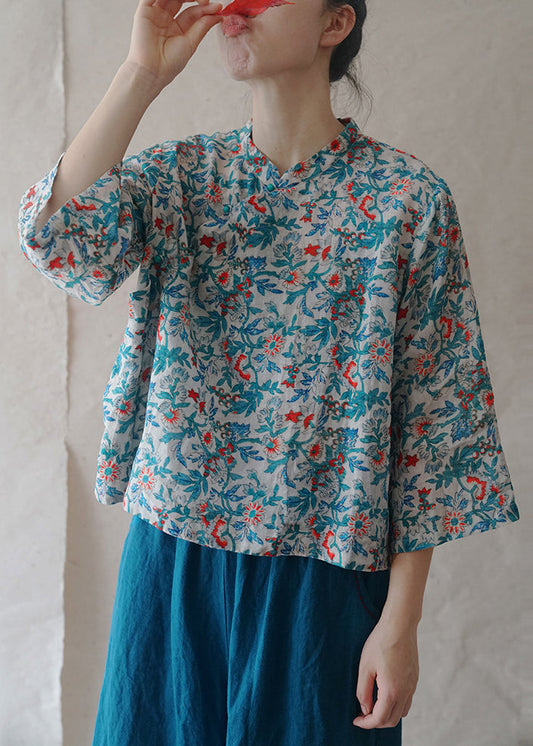 Blue Button Print Linen Shirts Bracelet Sleeve