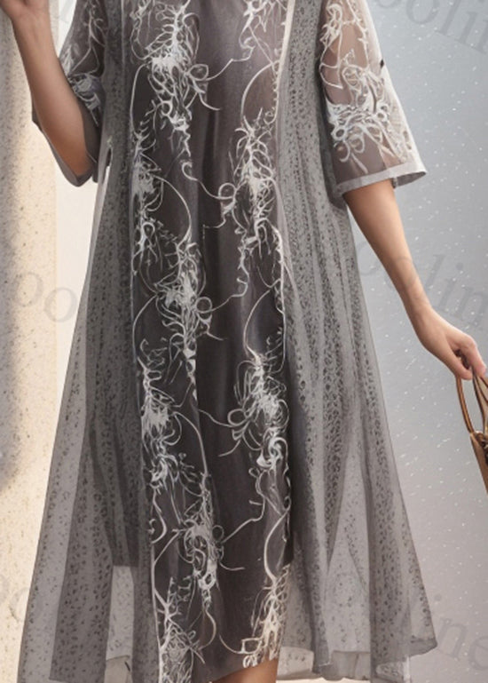 Grey O Neck Print False Two Pieces Silk Dresses Summer
