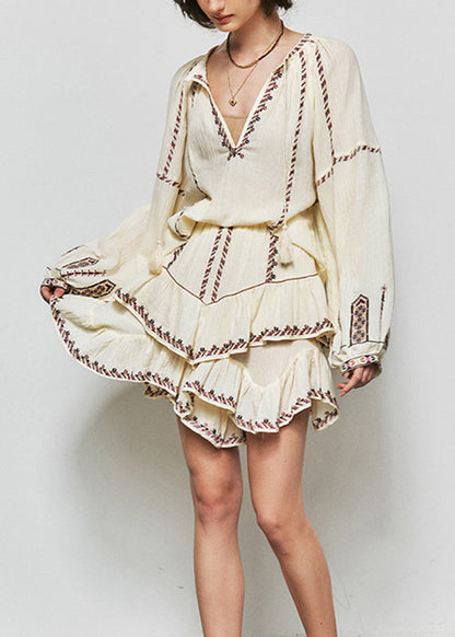 Beige Embroidered Ruffled Cotton Two Pieces Set Summer