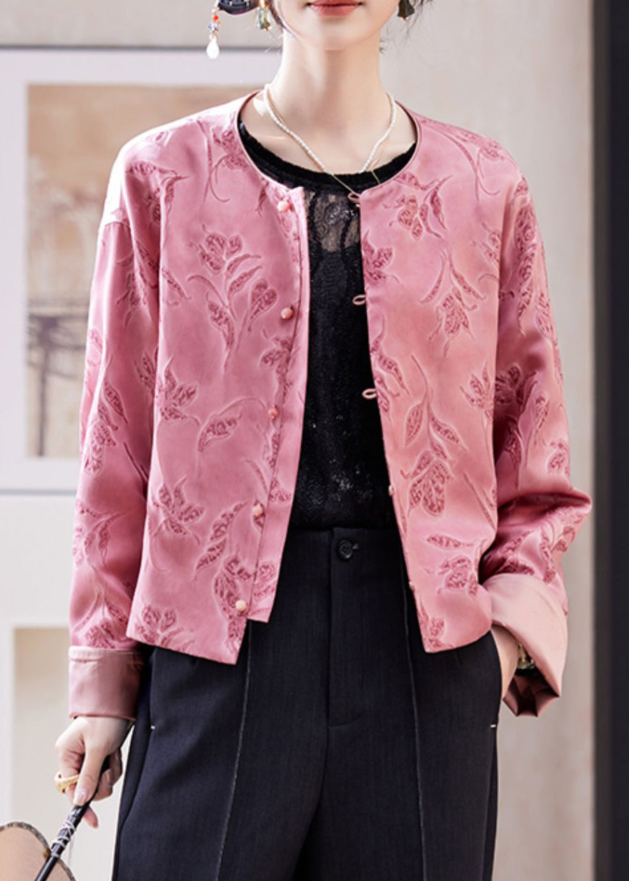 Chinese Style Pink O-neck Print Coats Batwing Sleeve