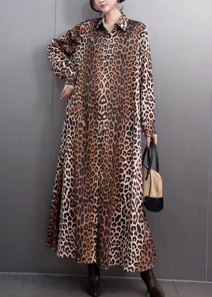 Brown Leopard Peter Pan Collar Long Dresses Peter Pan Collar Fall