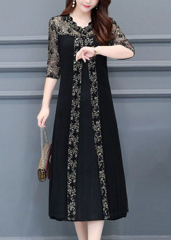 Boutique Black V Neck Lace Patchwork Silk a Line Dresses Half Sleeve