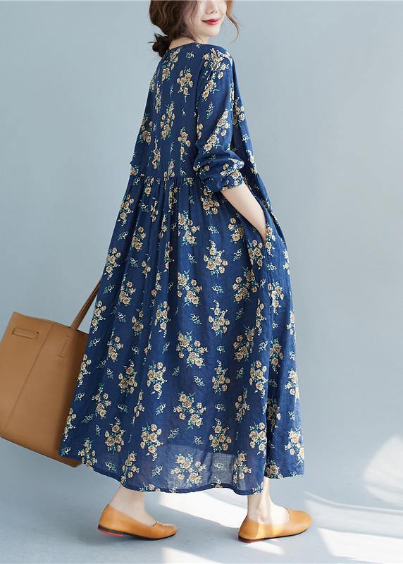 Diy O Neck Cinched Spring Quilting Clothes Work Outfits Blue Print Traveling Dress