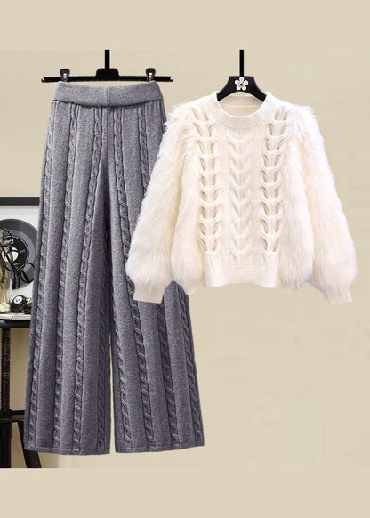 Style Apricot O Neck Sweaters and Skirts Knit Two Pieces Set Fall